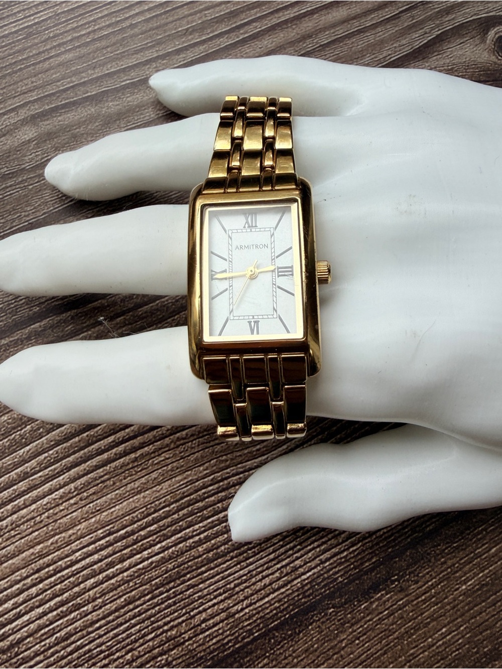 Vintage Armitron Gold Tone Rectangle Watch Art Deco Roman Numeral - Picture 5 of 8